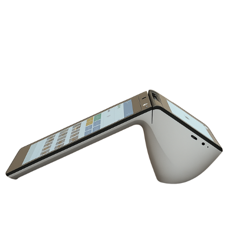 Smart POS terminal device with touchscreen interface, angled design, and built-in card reader.