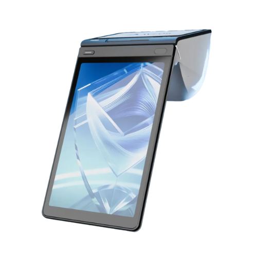 Smart POS terminal device with touchscreen interface, angled design, and built-in card reader.
