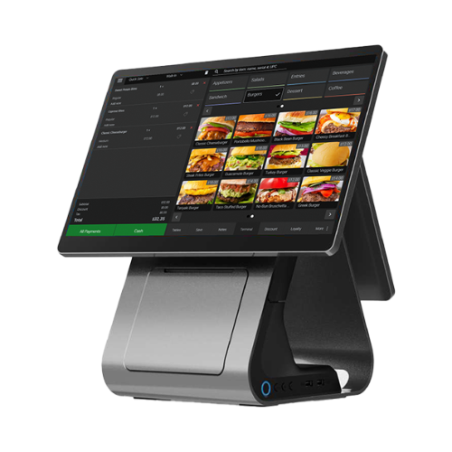 All in one dual screen POS system showing a food ordering interface on the main display with built in receipt printer and modern black and silver design.